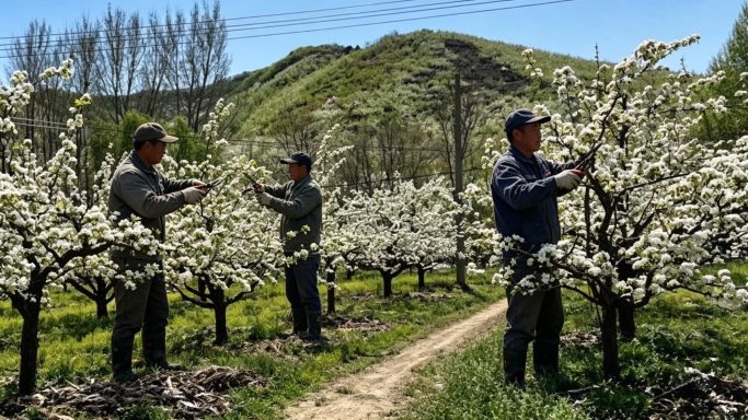 every nanguo pear tree is carefully tended by hand Spring pruning by hand